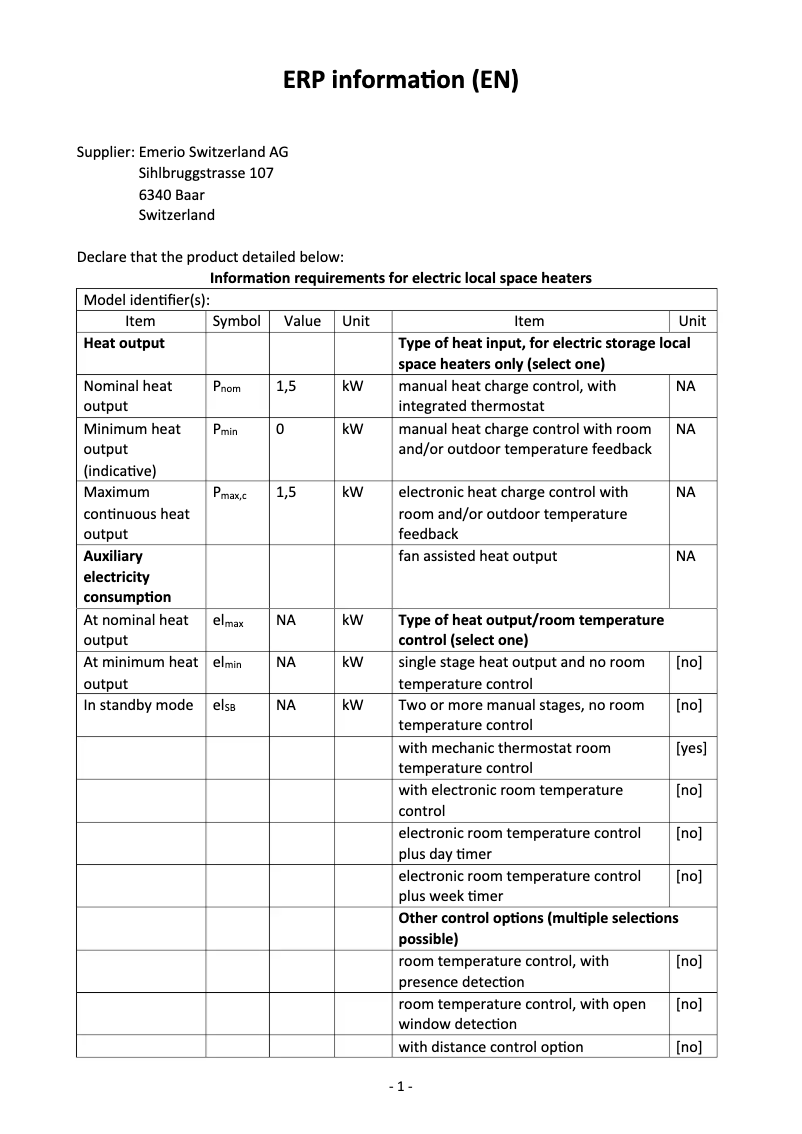 Page 1 de la notice Fiche technique Emerio FH-110691