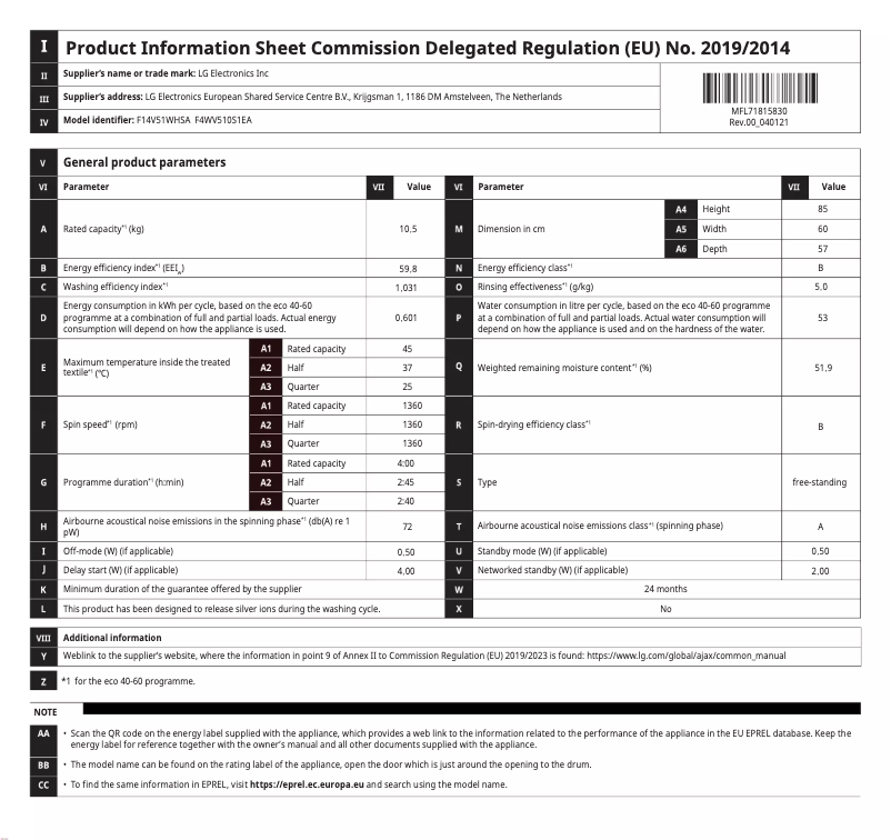 Page 1 de la notice Manuel utilisateur LG F4WV510S1EA