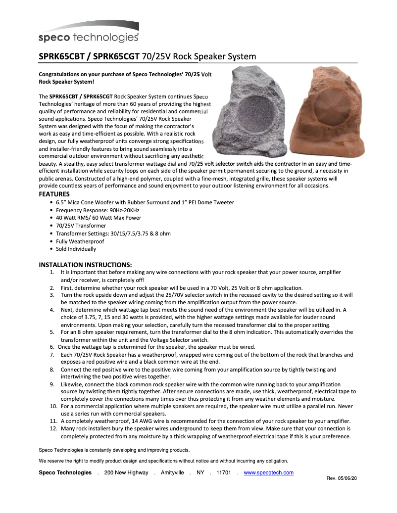 Page n°1 - Manuel utilisateur Speco Technologies SPRK65CBT