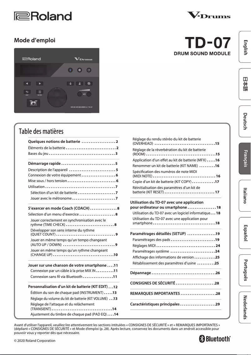 Page n°1 - Manuel utilisateur Roland TD-07DMK