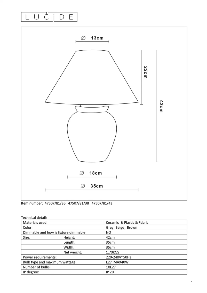 Page 1 de la notice Manuel utilisateur Lucide Ramzi 47507/81/36
