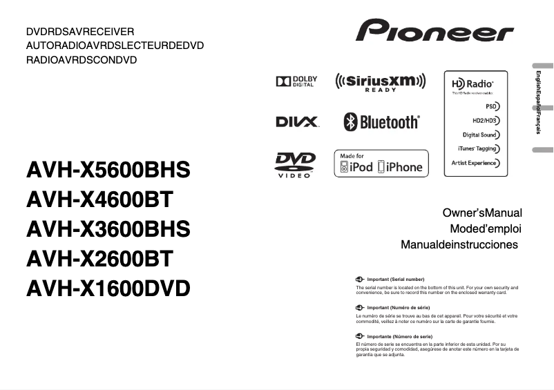 Page 1 de la notice Manuel utilisateur Pioneer AVH-X3600BHS