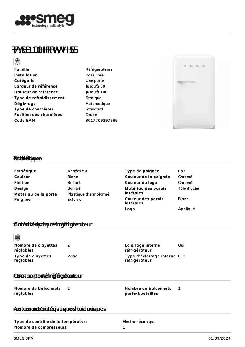 Page n°1 - Fiche technique Smeg FAB10HRWH5