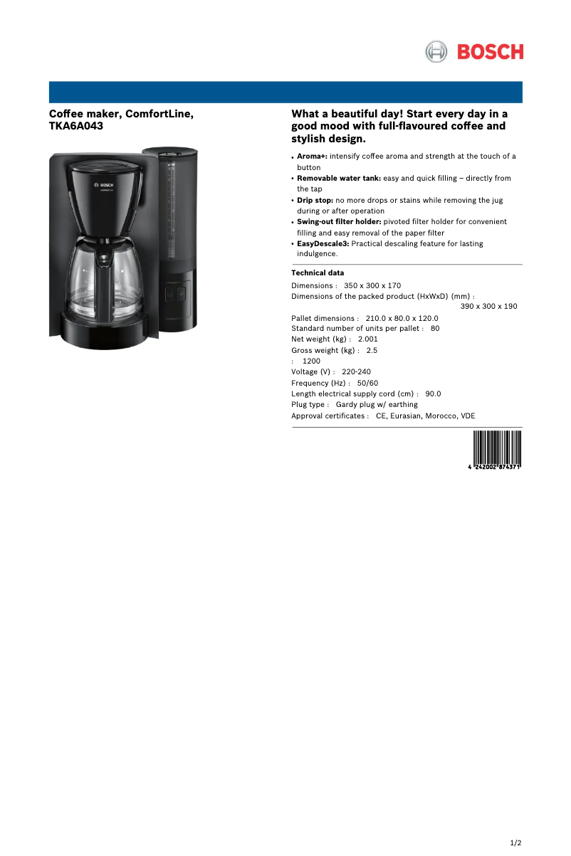 Page n°1 - Fiche technique Bosch ComfortLine TKA6A043