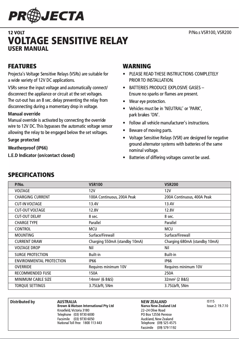 Page 1 de la notice Manuel utilisateur Projecta VSR100