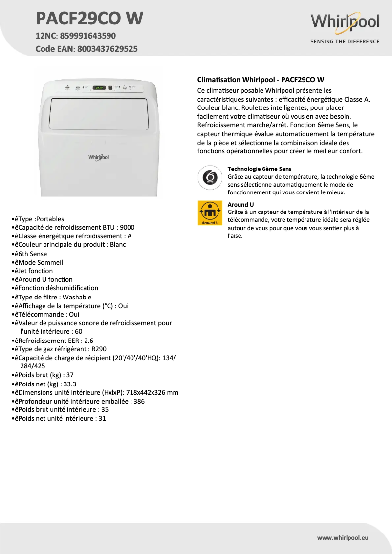Page 1 de la notice Fiche technique Whirlpool PACF29CO