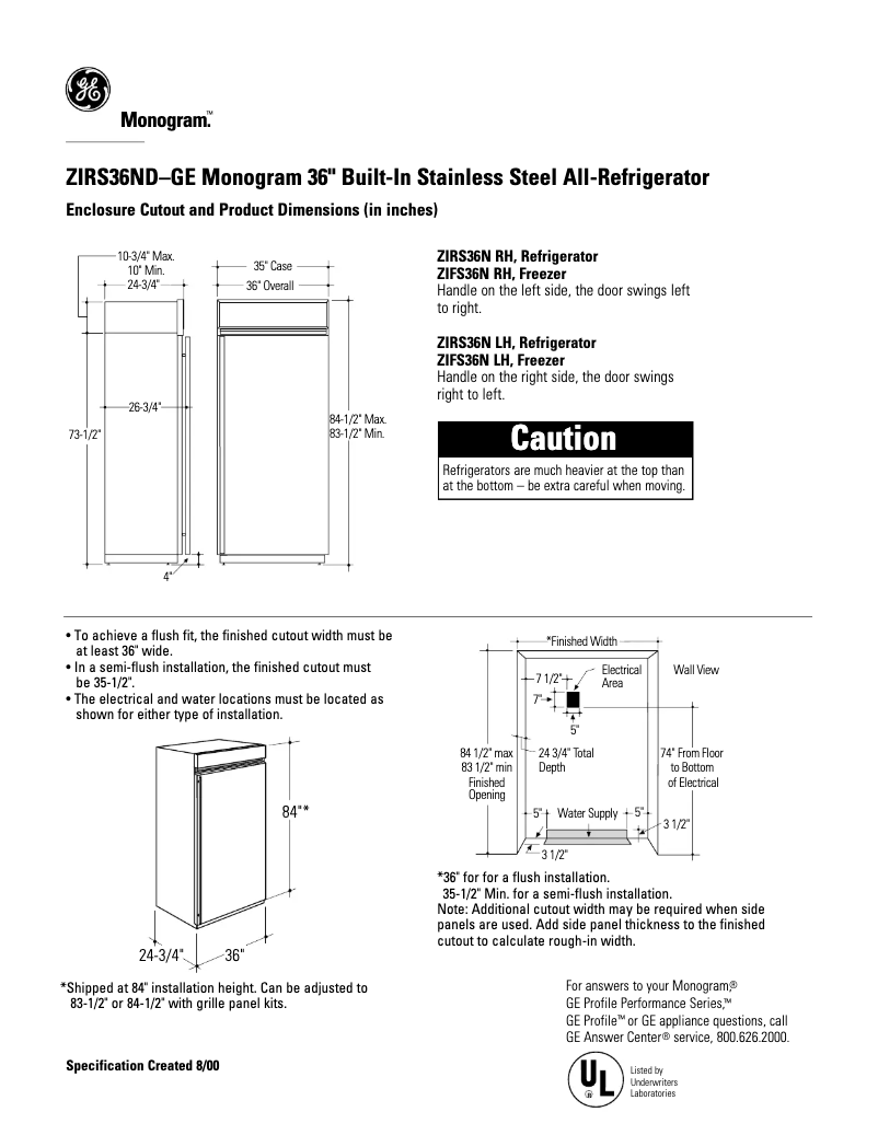 Page n°1 - Fiche technique GE ZIRS36NDRH