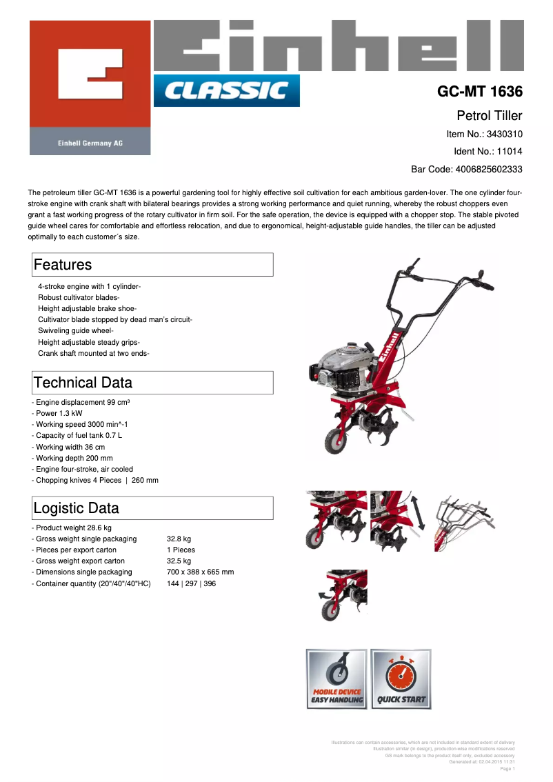 Page 1 de la notice Fiche technique Einhell GC-MT 1636