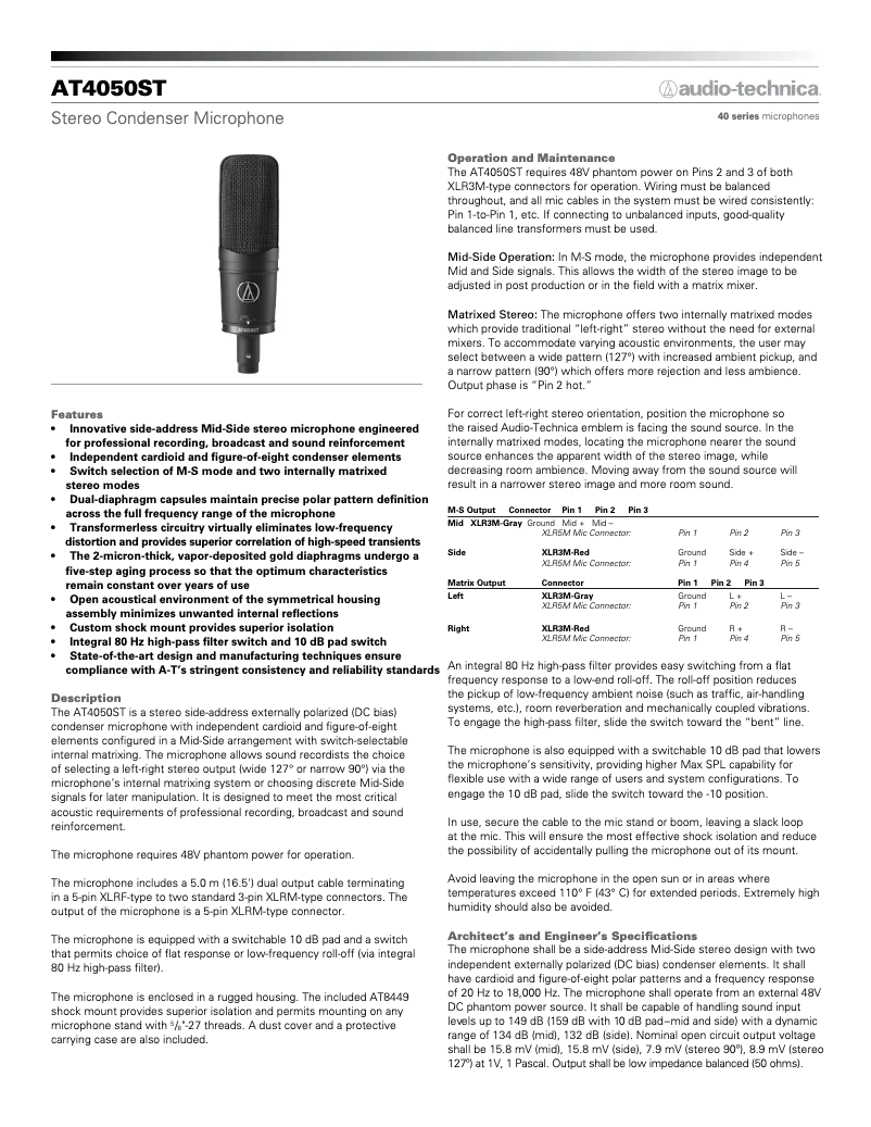 Page 1 de la notice Guide de démarrage rapide Audio-Technica AT4050ST