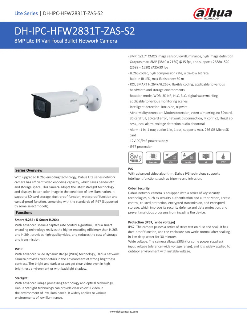 Page 1 de la notice Fiche technique Dahua Technology IPC-HFW2831T-ZAS-S2
