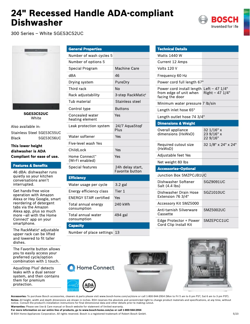 Página 1 del manual Ficha técnica Bosch SGE53C52UC