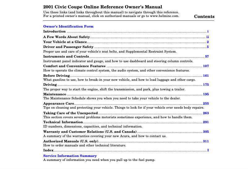Page 1 de la notice Manuel utilisateur Honda Civic Sedan (2001)