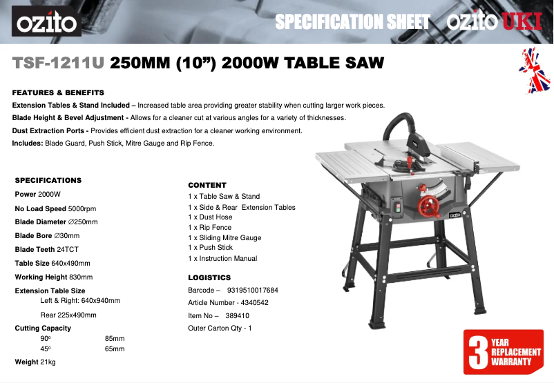 Page 1 de la notice Fiche technique Ozito TSF-1211U