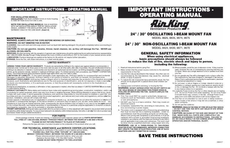Page 1 de la notice Manuel utilisateur Air King 9430