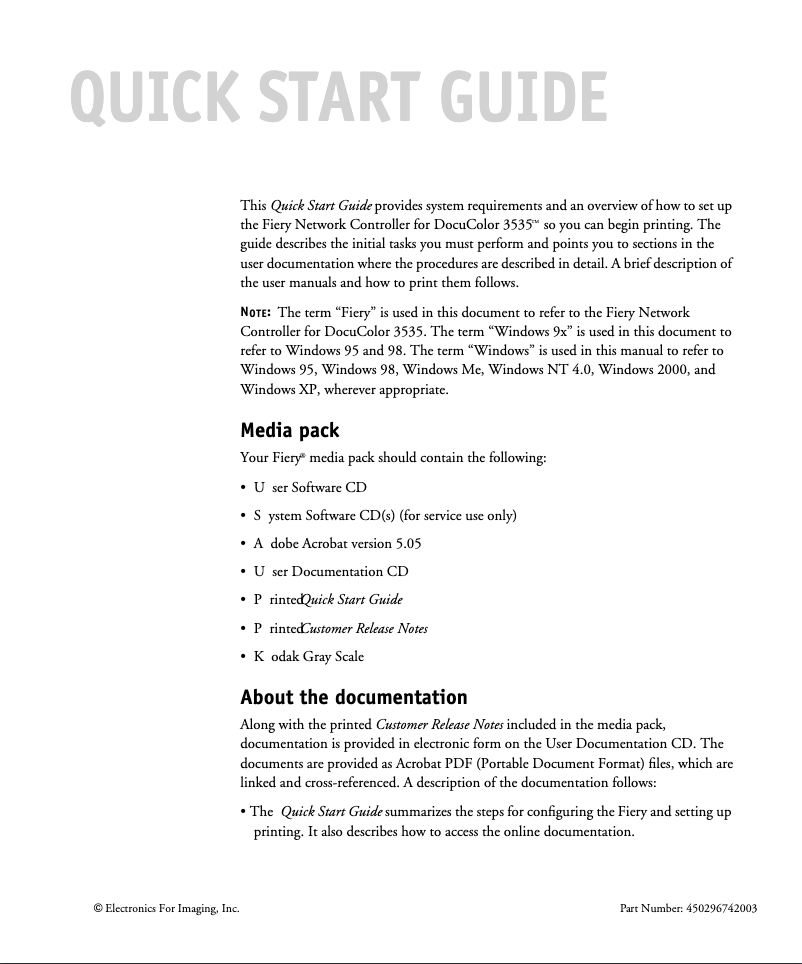Page n°1 - Guide de démarrage rapide Xerox DocuColor 3535