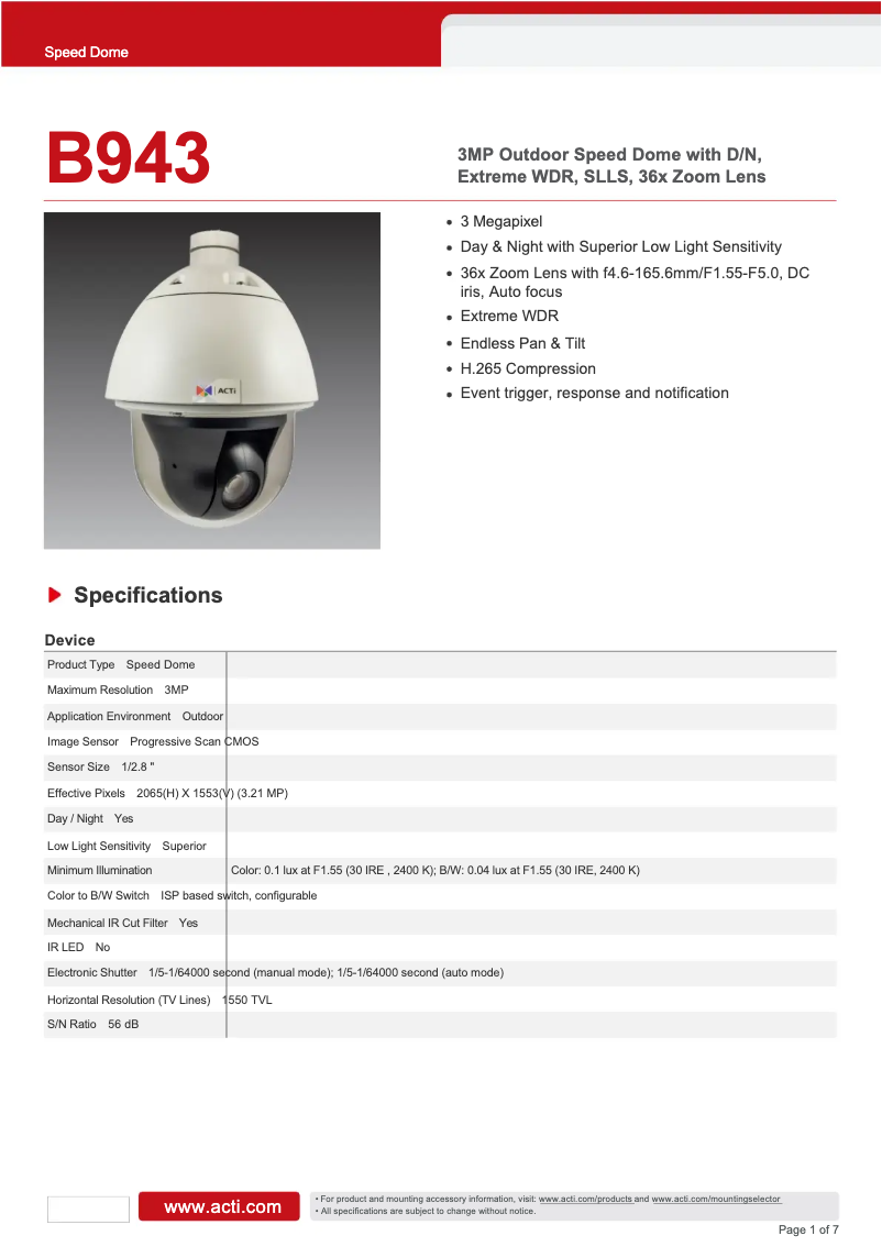 Page 1 de la notice Fiche technique ACTi B943