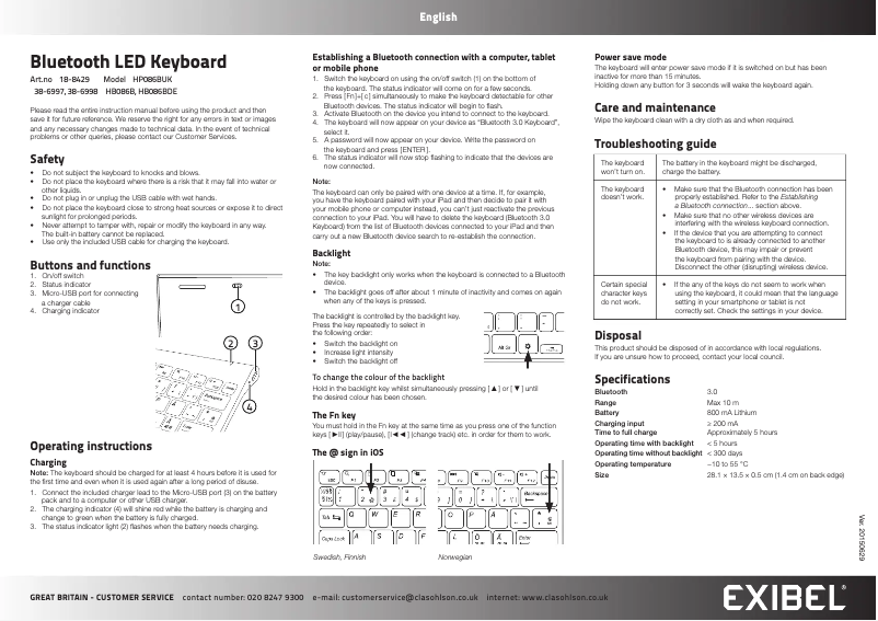 Page 1 de la notice Manuel utilisateur Exibel HB086B