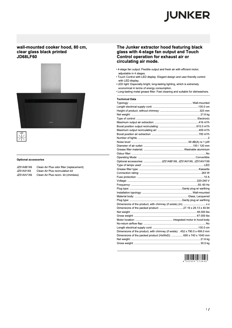 Page n°1 - Fiche technique Junker JD68LF60