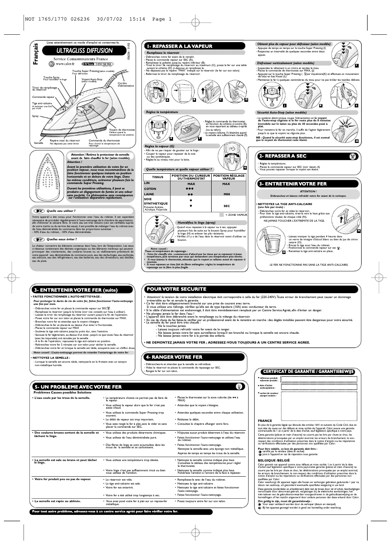 Page n°1 - Manuel utilisateur Tefal Ultragliss Diffusion 90