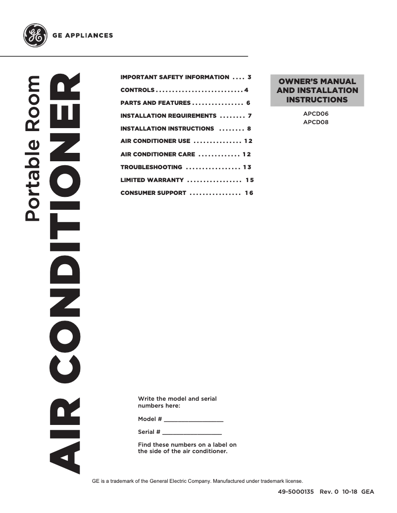 Page 1 de la notice Manuel utilisateur GE APCD06AXWW