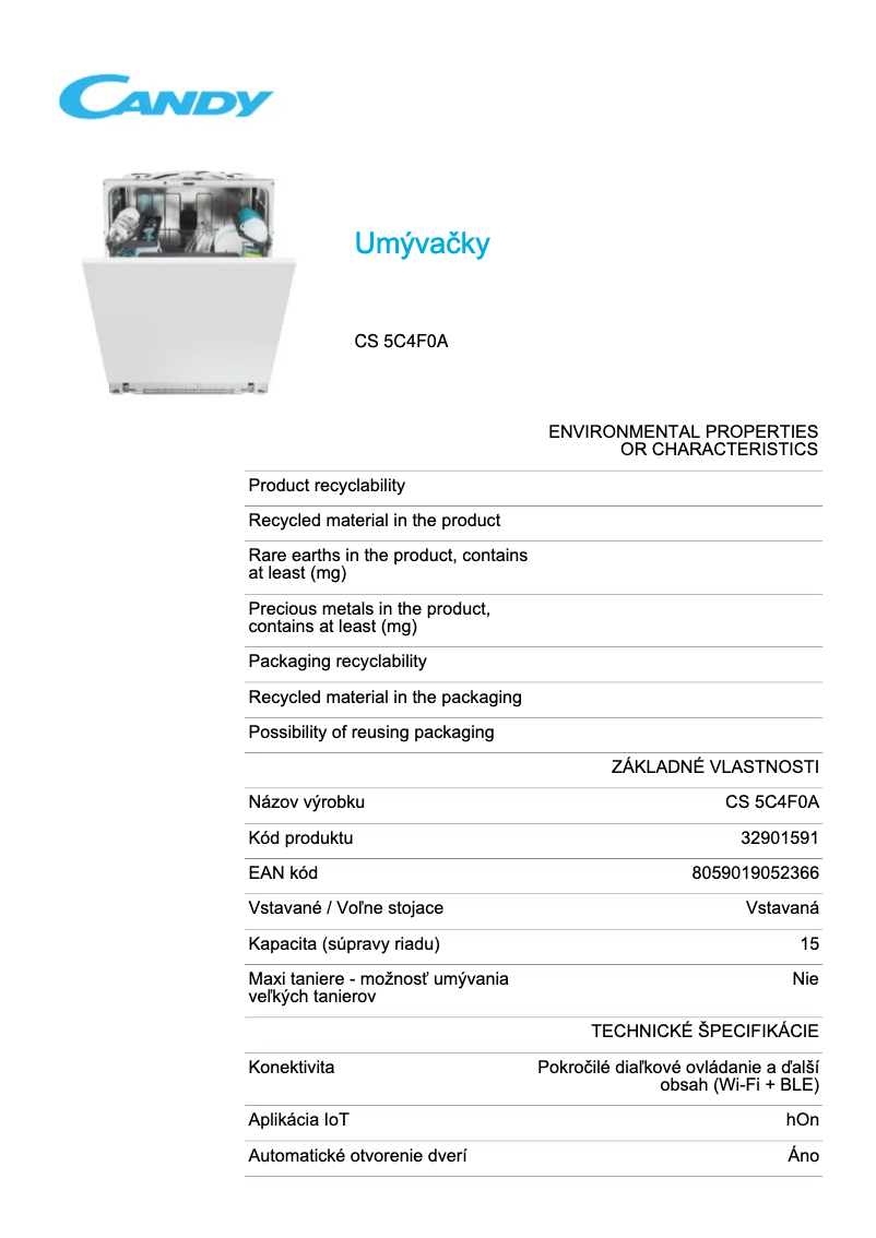 Page 1 de la notice Fiche technique Candy CS 5C4F0A