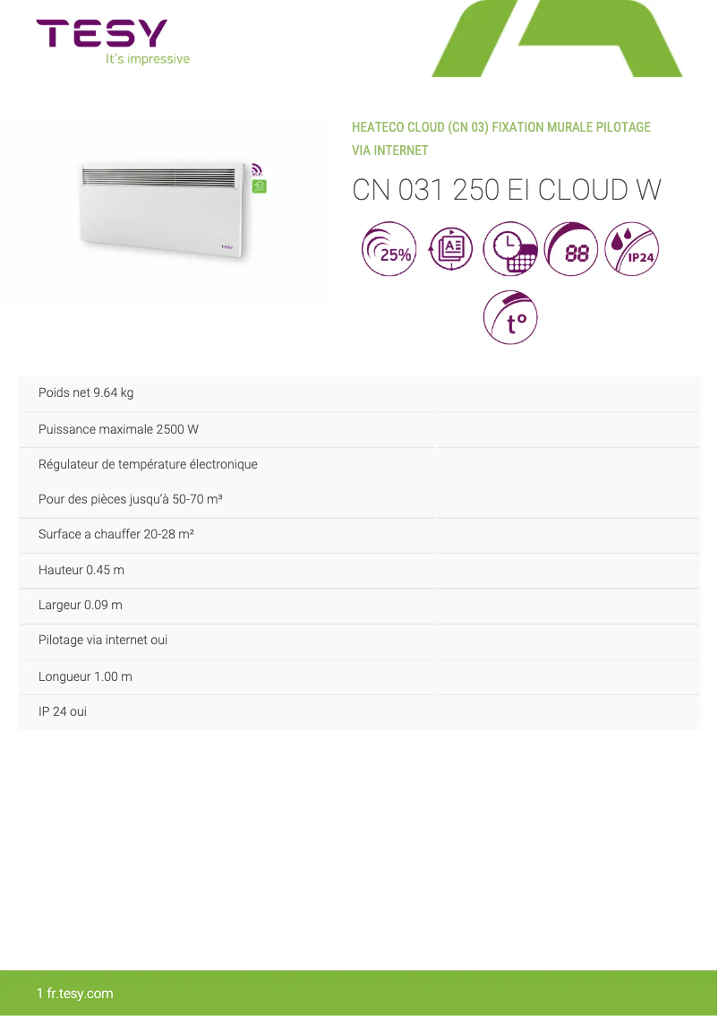 Page n°1 - Manuel utilisateur Tesy CN 031 250 EI CLOUD W