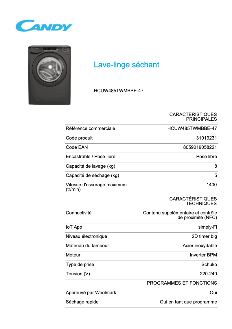 Image de la première page du manuel de l'appareil HCUW485TWMBBE-47