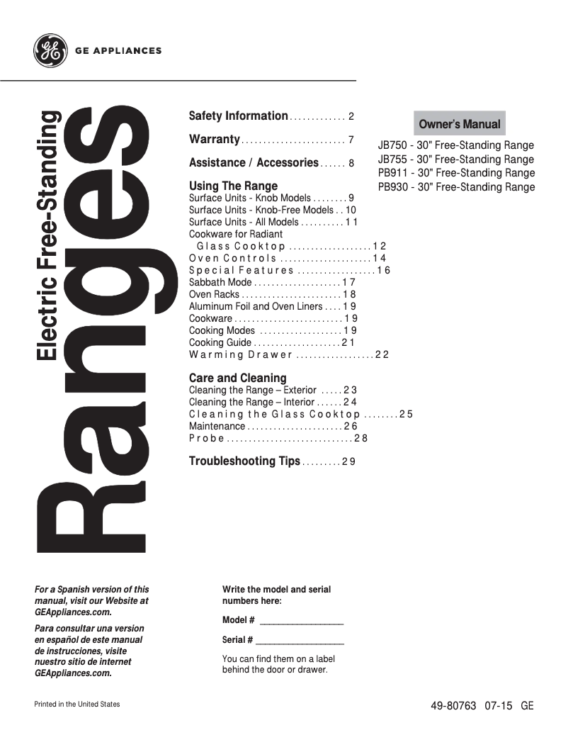Page n°1 - Manuel utilisateur GE JB750EJES