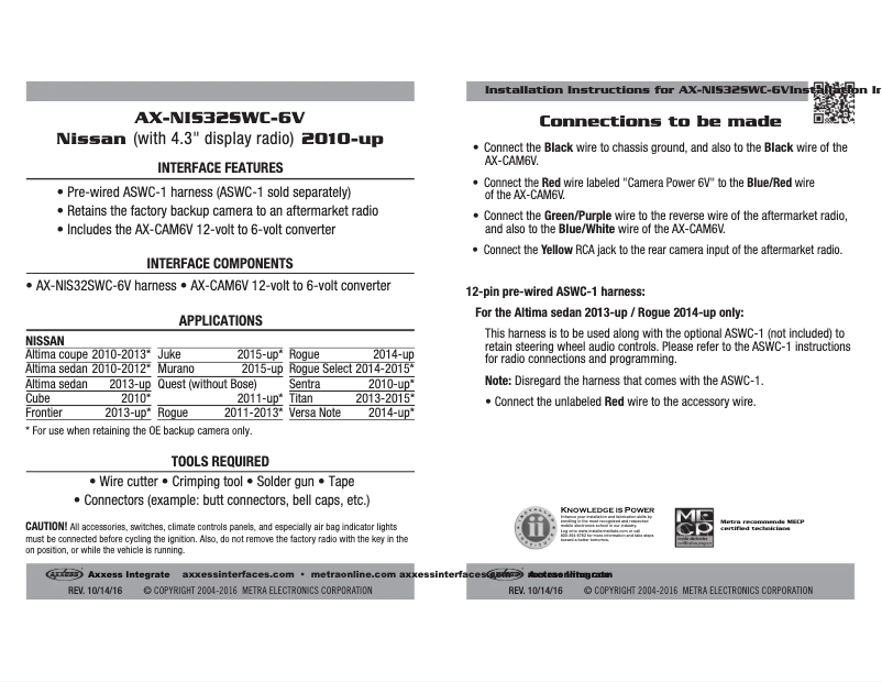 Page n°1 - Manuel utilisateur Metra AX-NIS32SWC-6V