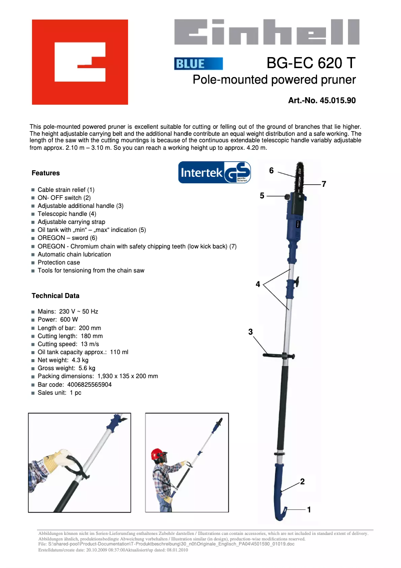 Page 1 de la notice Fiche technique Einhell BG-EC 620 T