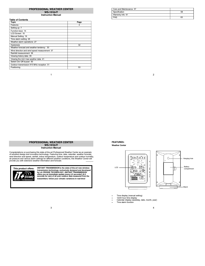 Image de la première page du manuel de l'appareil WS-1516-IT
