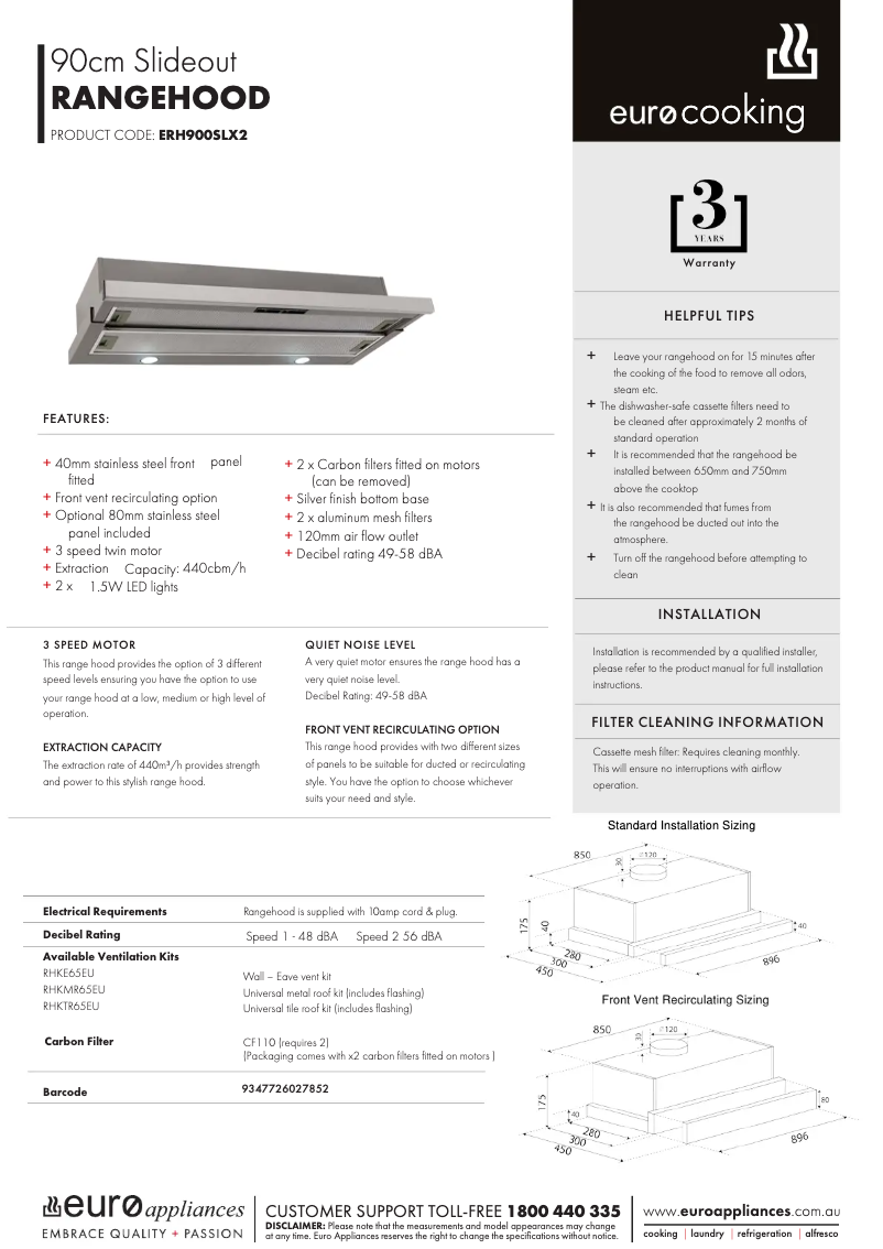 Página 1 del manual Ficha técnica Euro Appliances ERH900SLX2