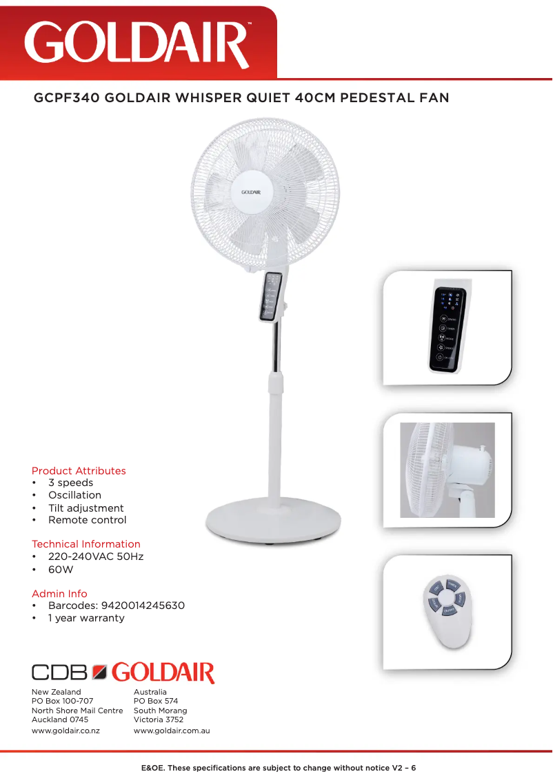 Page 1 de la notice Fiche technique GoldAir GCPF340