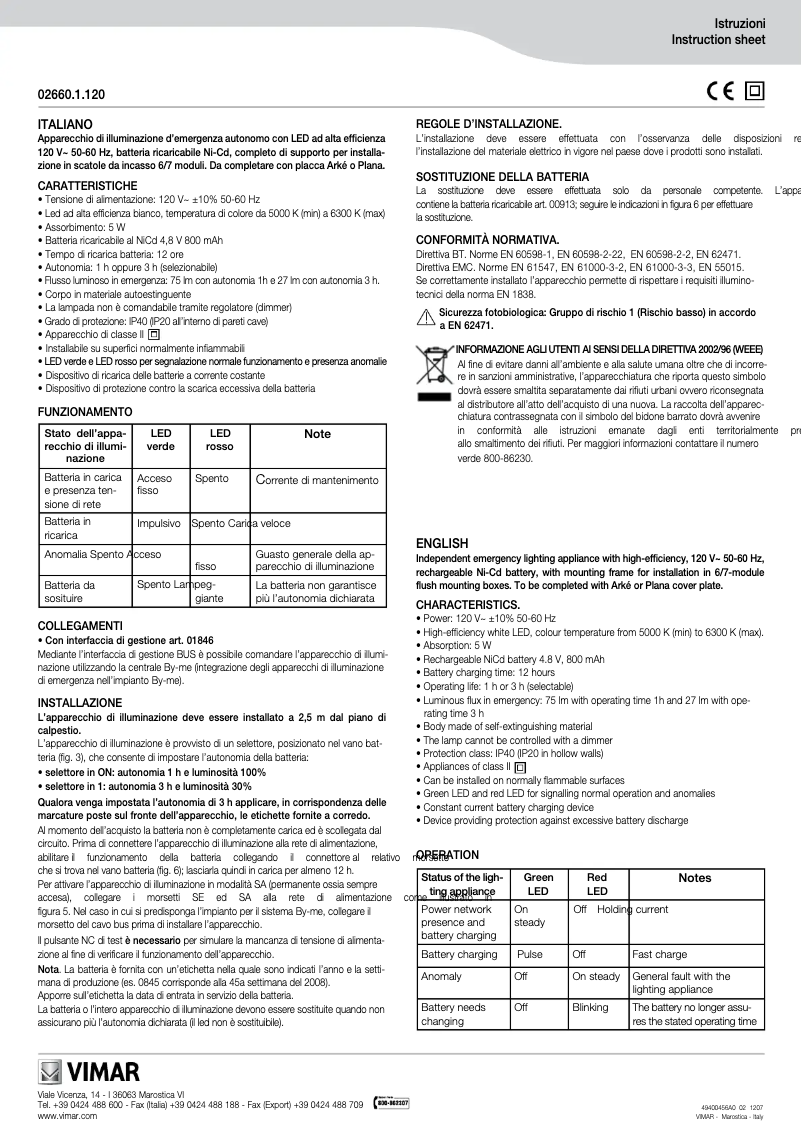 Page n°1 - Manuel utilisateur Vimar 02660.1.120