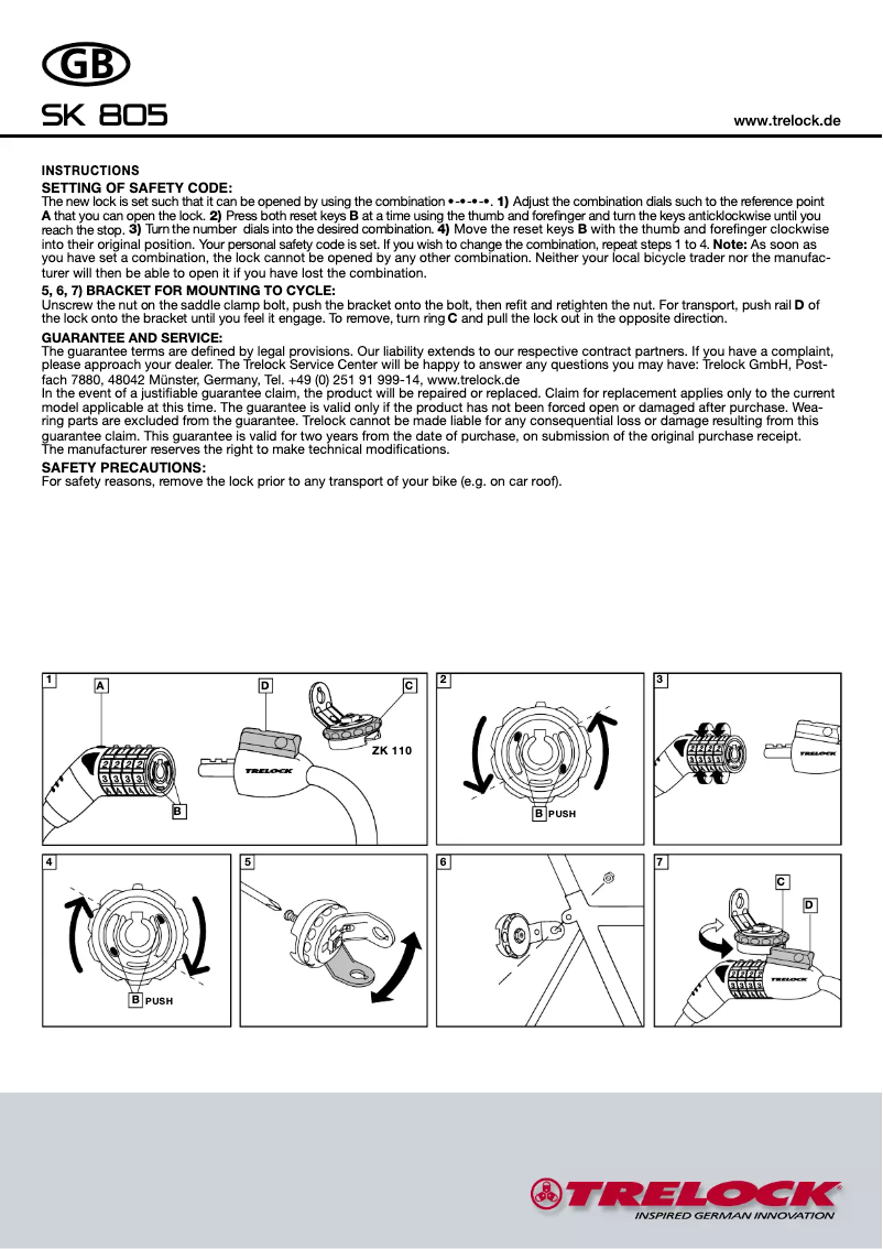 Page 1 de la notice Manuel utilisateur Trelock SK 805