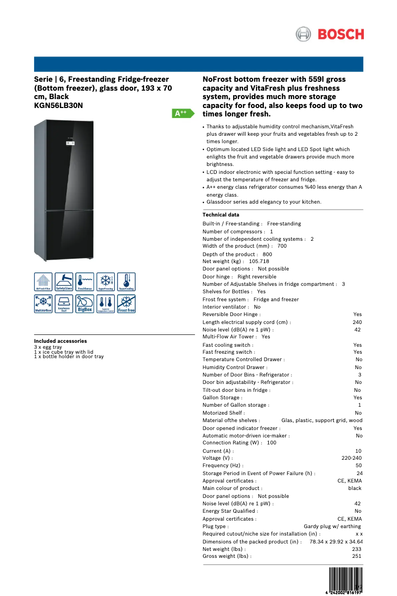 Página 1 del manual Ficha técnica Bosch KGN56LB30N
