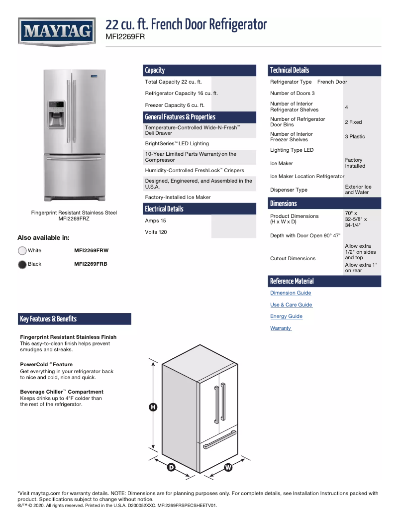 Page 1 de la notice Fiche technique Maytag MFI2570FEZ
