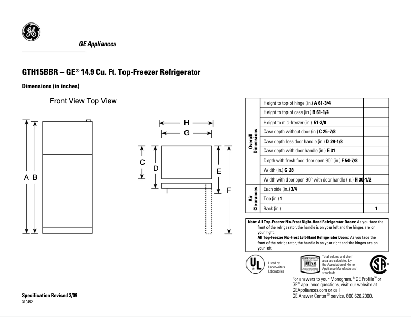 Página 1 del manual Ficha técnica GE GTH15BBRRWW
