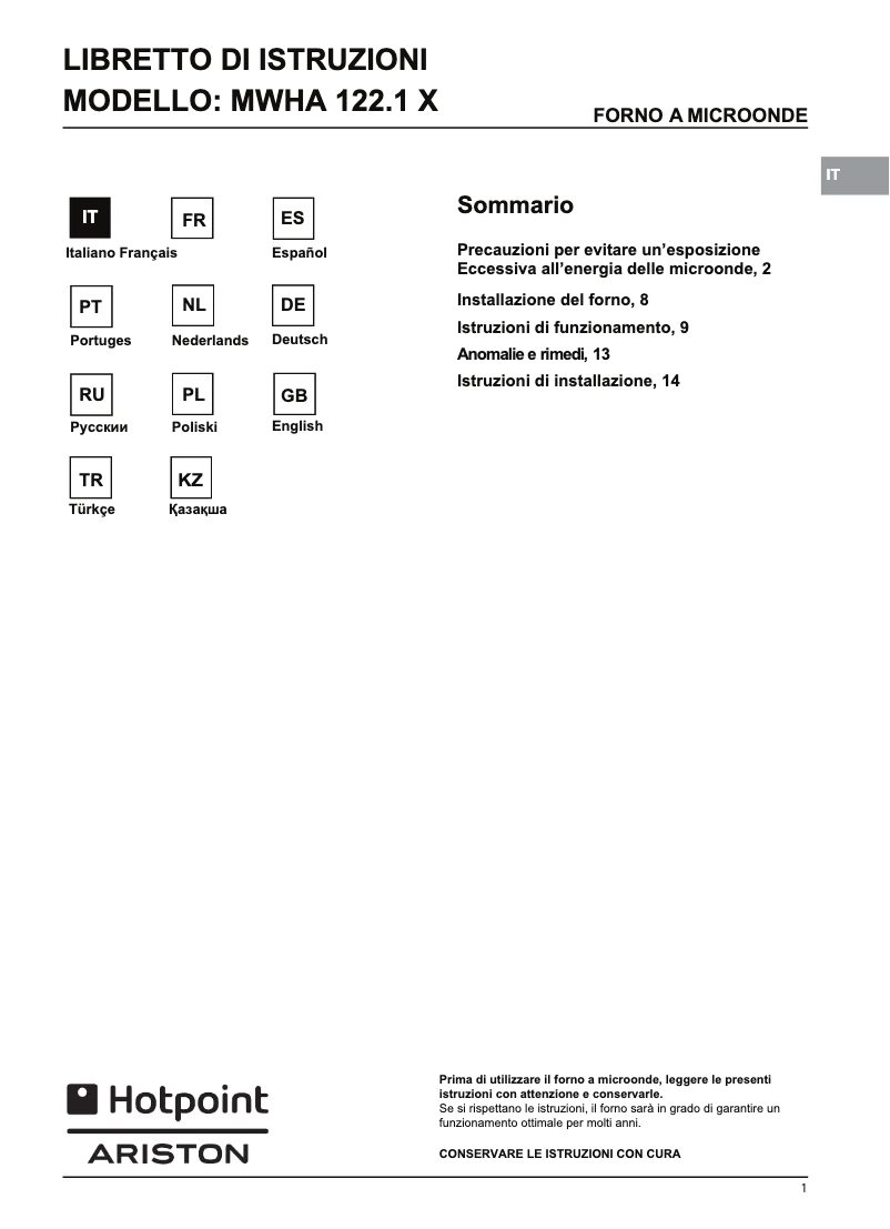Page n°1 - Manuel utilisateur Hotpoint Ariston MWHA 122.1 X