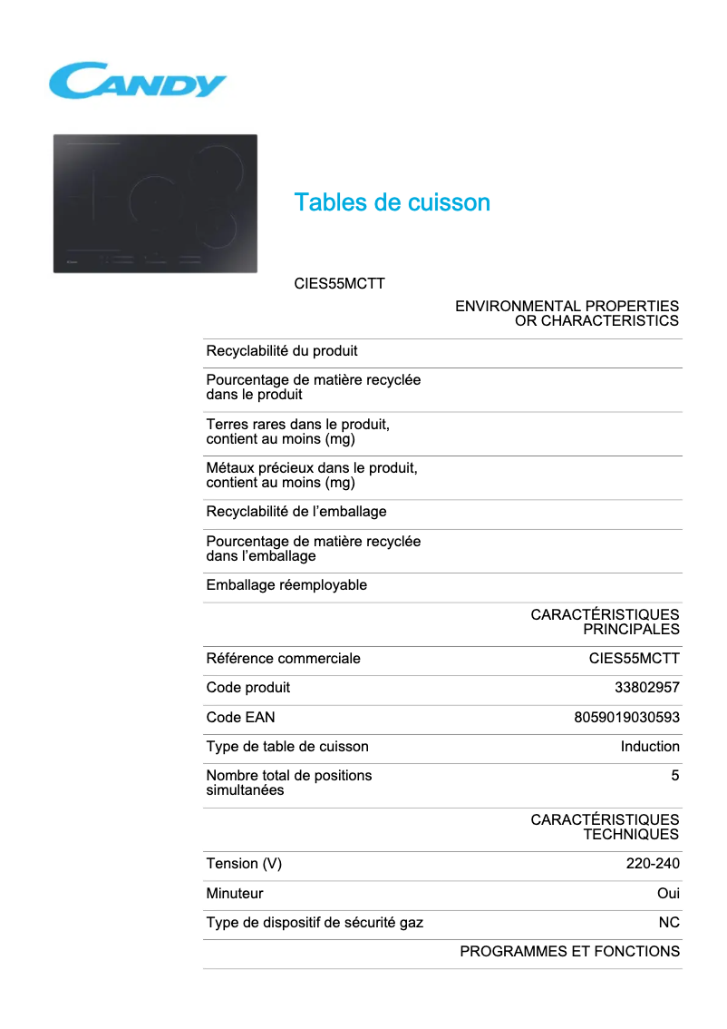 Page 1 de la notice Fiche technique Candy CIES55MCTT