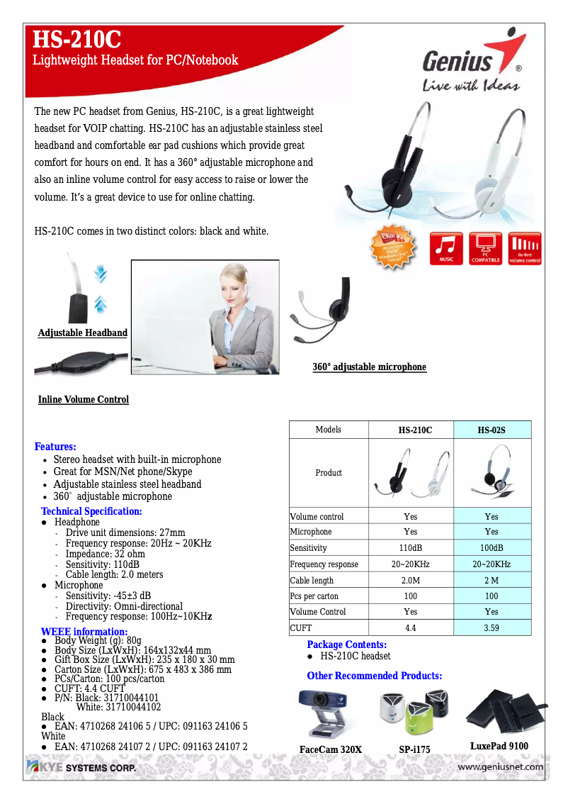 Page 1 de la notice Manuel utilisateur Genius HS-210C