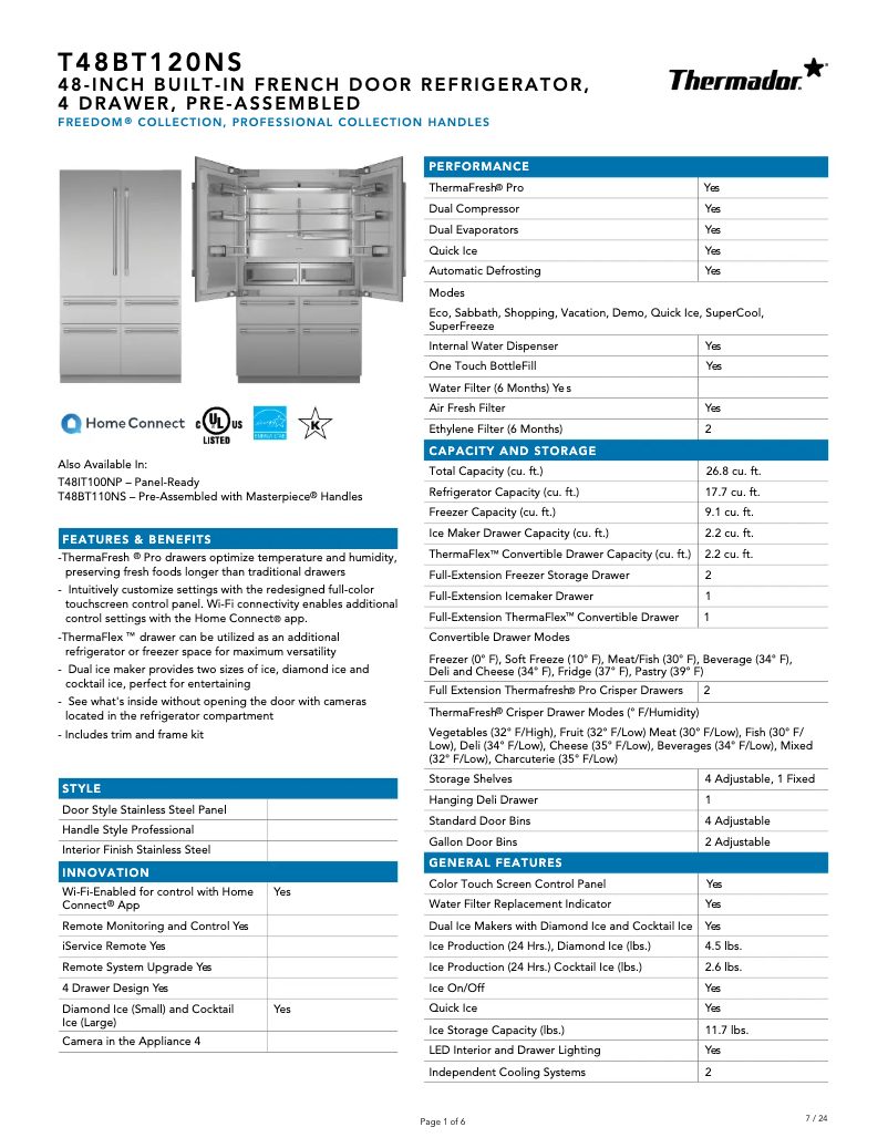 Page 1 de la notice Fiche technique Thermador T48BT120NS