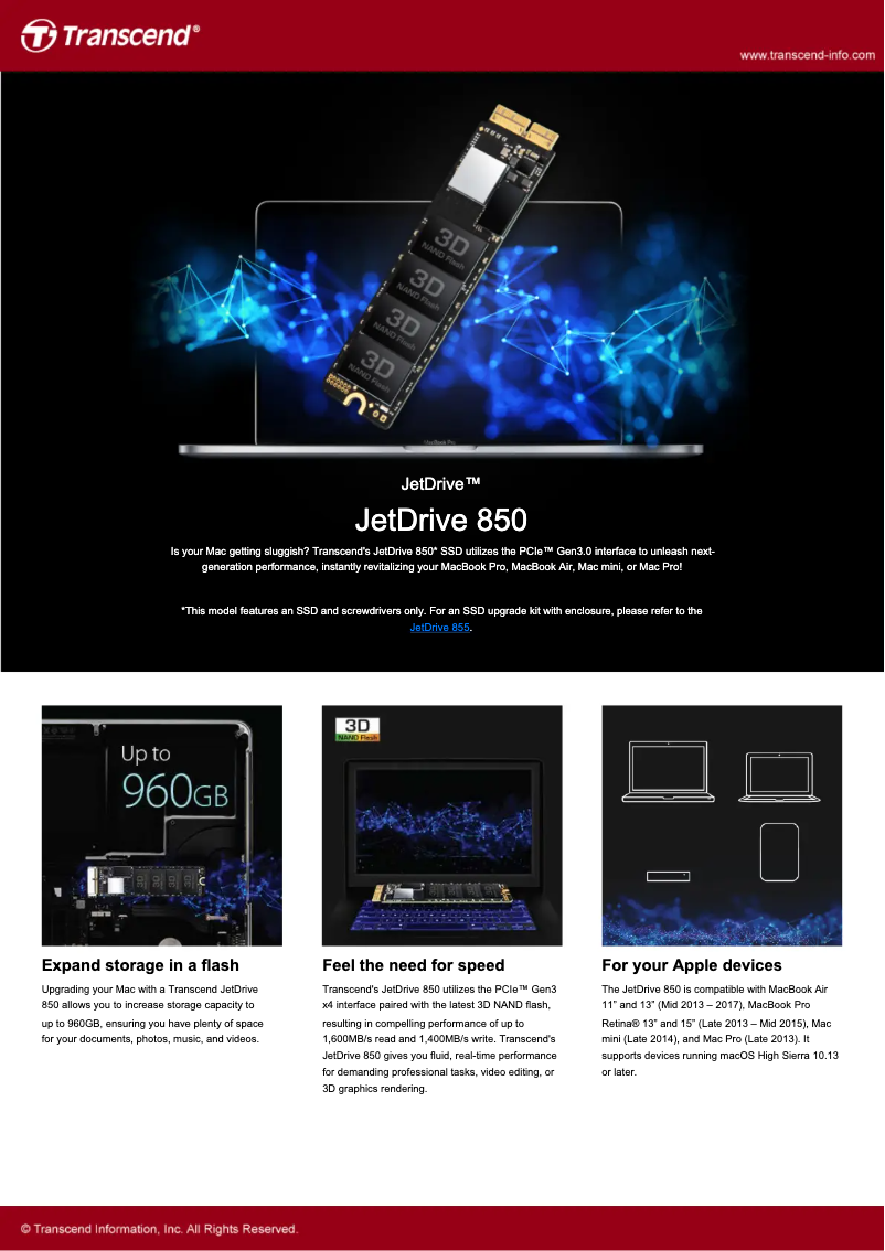 Page 1 de la notice Fiche technique Transcend JetDrive 850