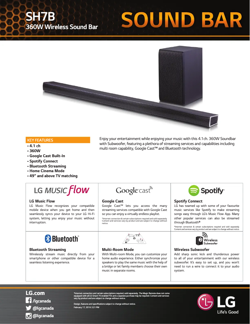 Page 1 de la notice Fiche technique LG SH7B