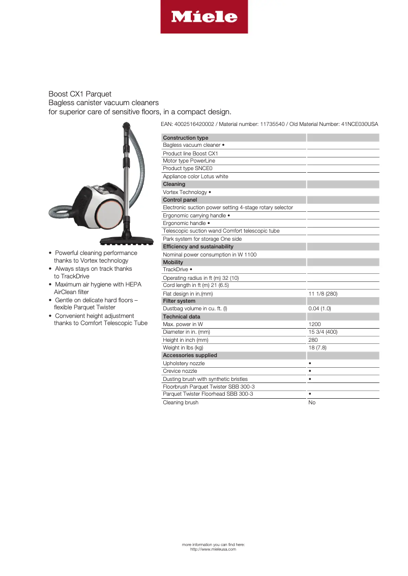 Page 1 de la notice Fiche technique Miele Boost CX1 Parquet