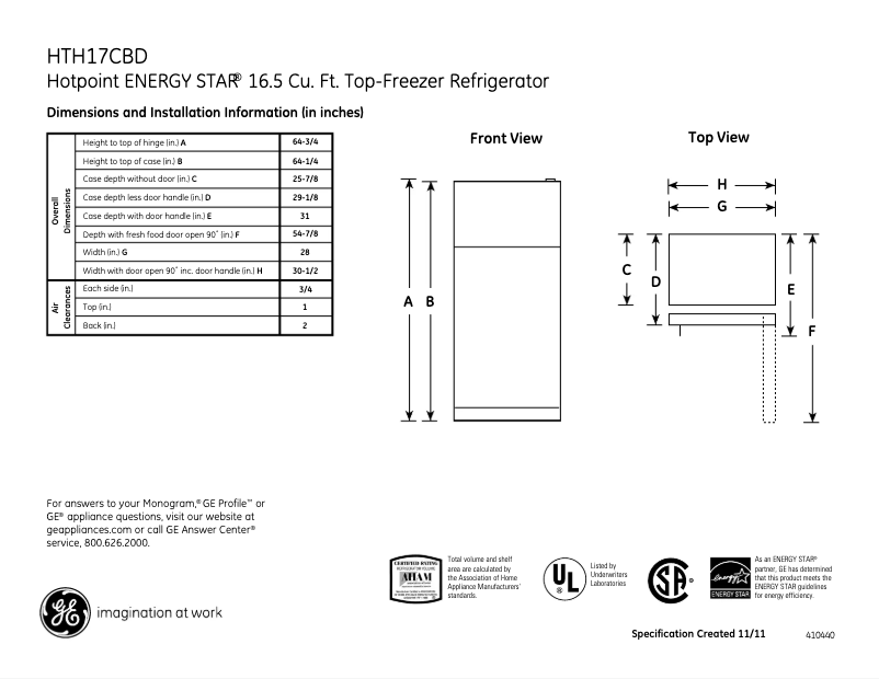 Page 1 de la notice Fiche technique Hotpoint HTH17CBDRCC