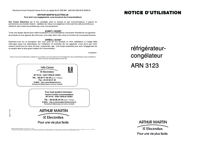 Page n°1 - Manuel utilisateur Arthur Martin-Electrolux ARN3123