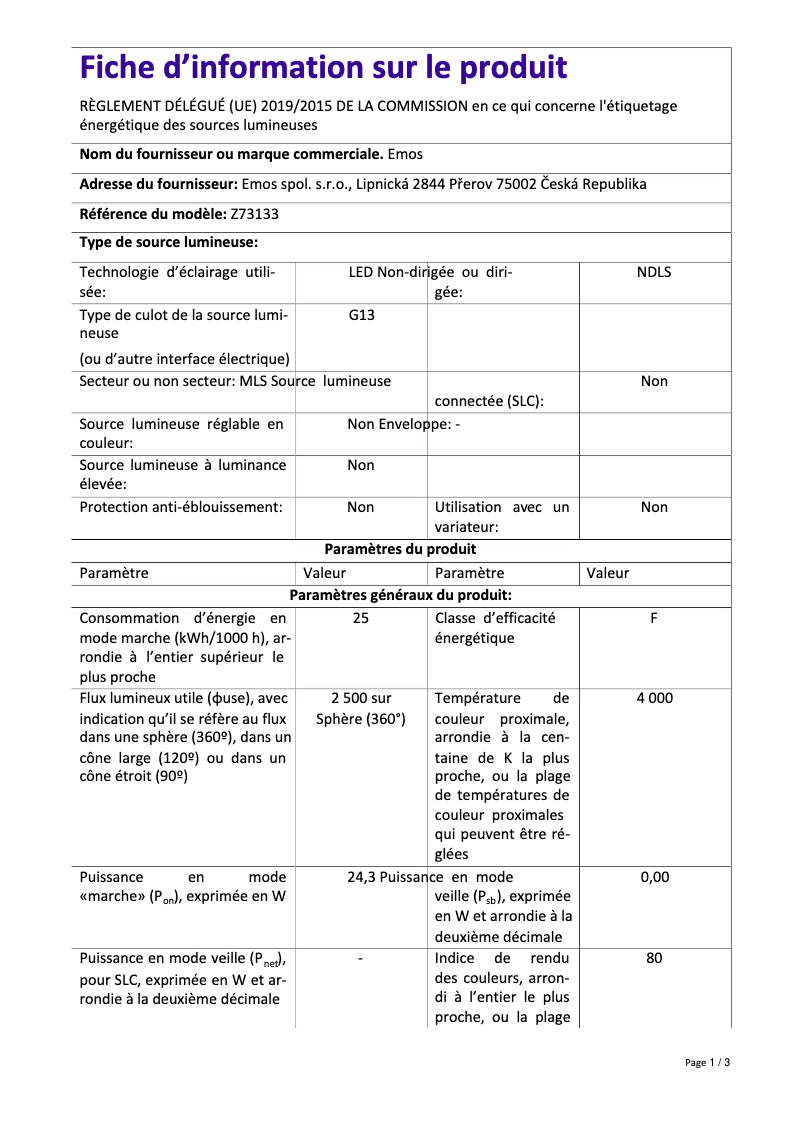 Page 1 de la notice Fiche technique Emos Z73133