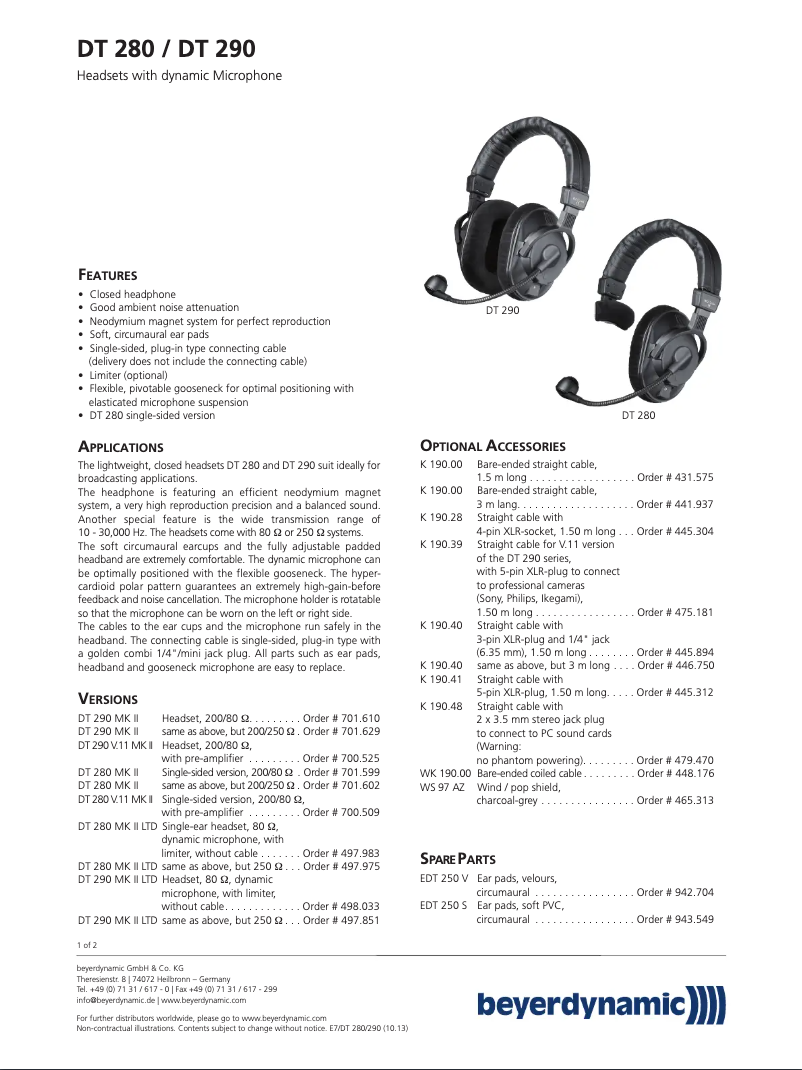 Page n°1 - Fiche technique Beyerdynamic DT 280 MK II