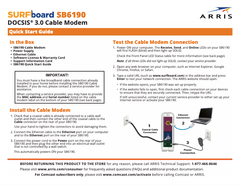 Page 1 de la notice Fiche technique Arris SURFboard SB6190